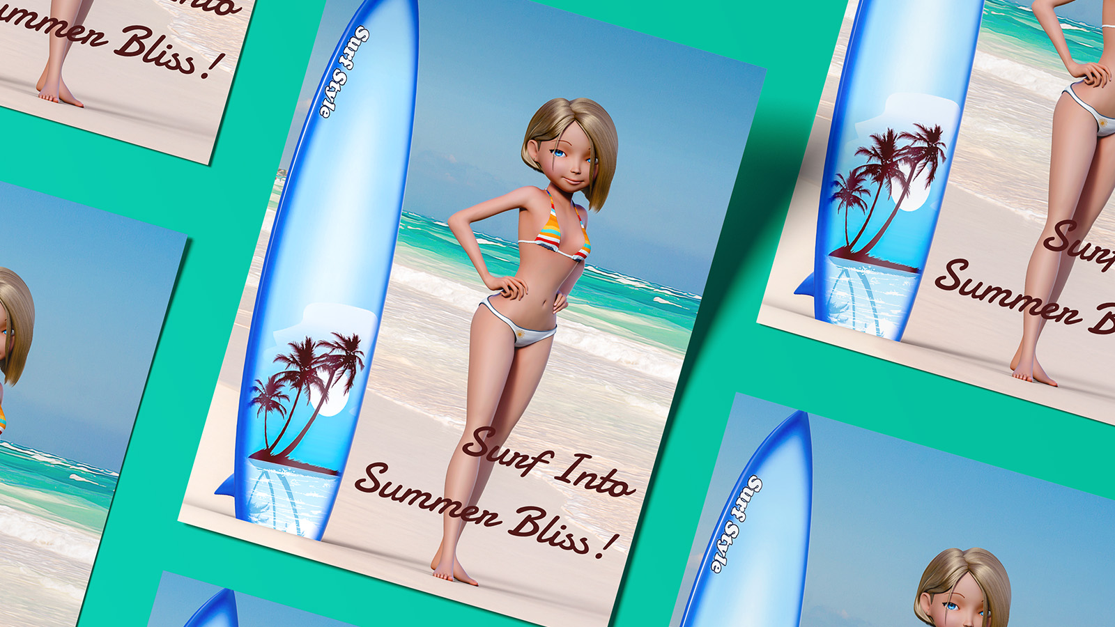 Toon Surfer Girl Posing on the Seashore